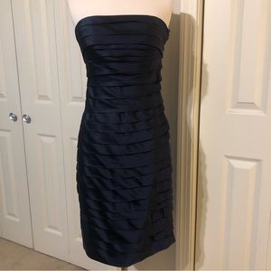 Navy Tiered Satin Strapless Dress
